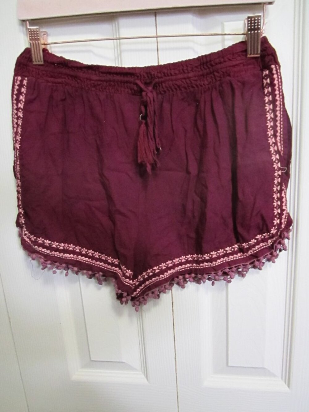 Blue Rain Burgundy Embroidered Pom-Pom Trim Shorts